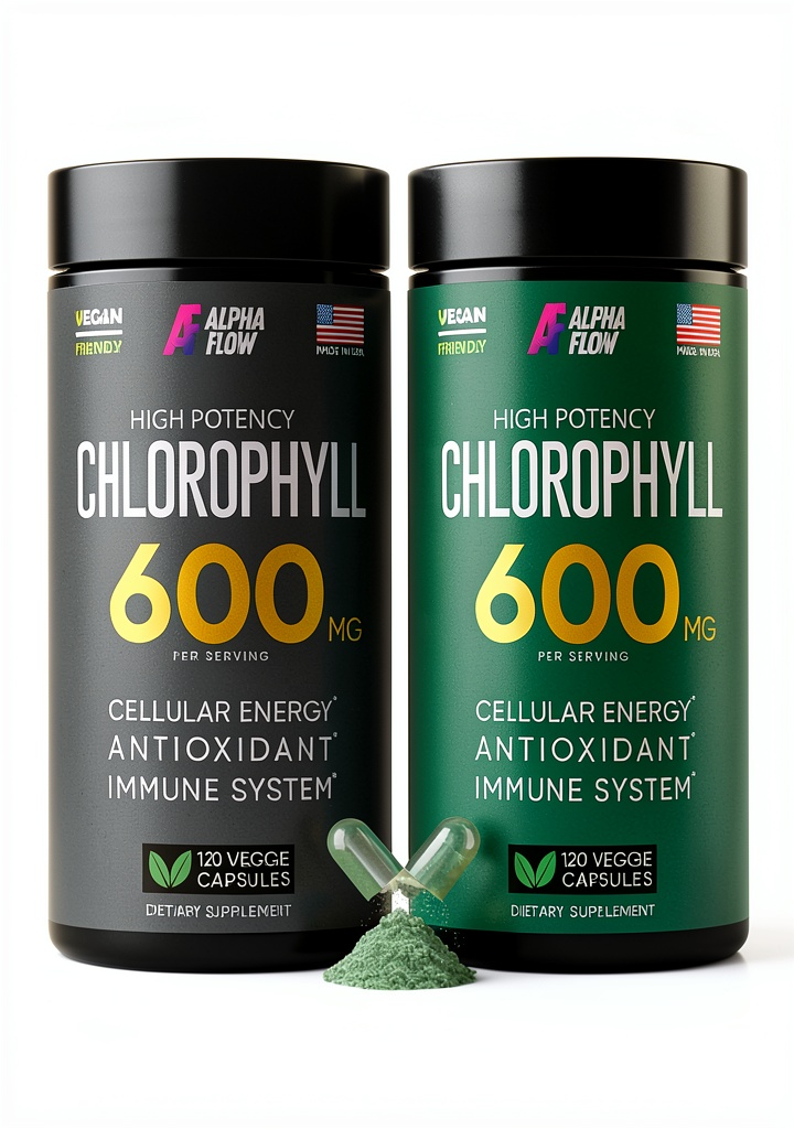 Alpha Flow Chlorophyll capsules bottle display