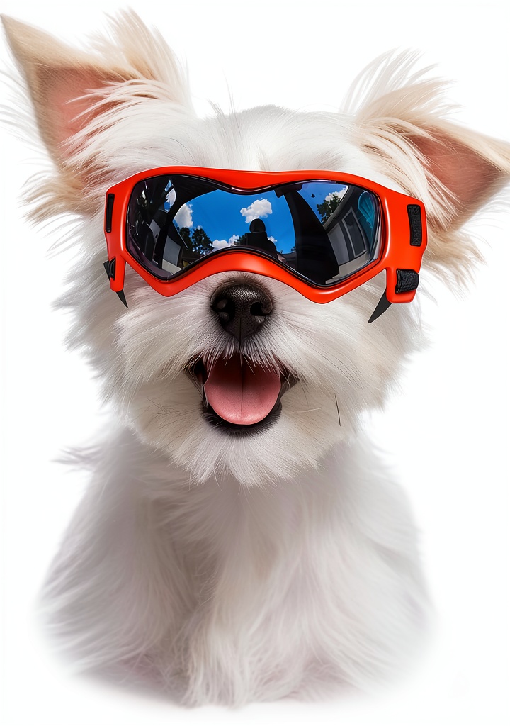 BillionChains dog goggles on a small dog during a sunny outdoor walk