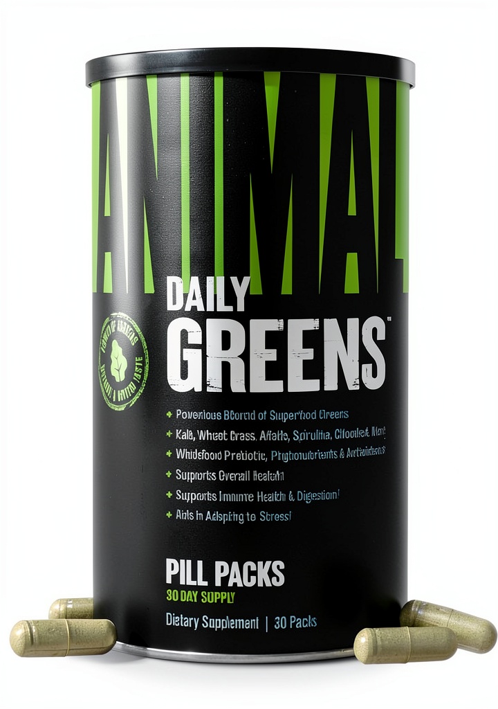 Animal Daily Greens pack displayed on a kitchen counter