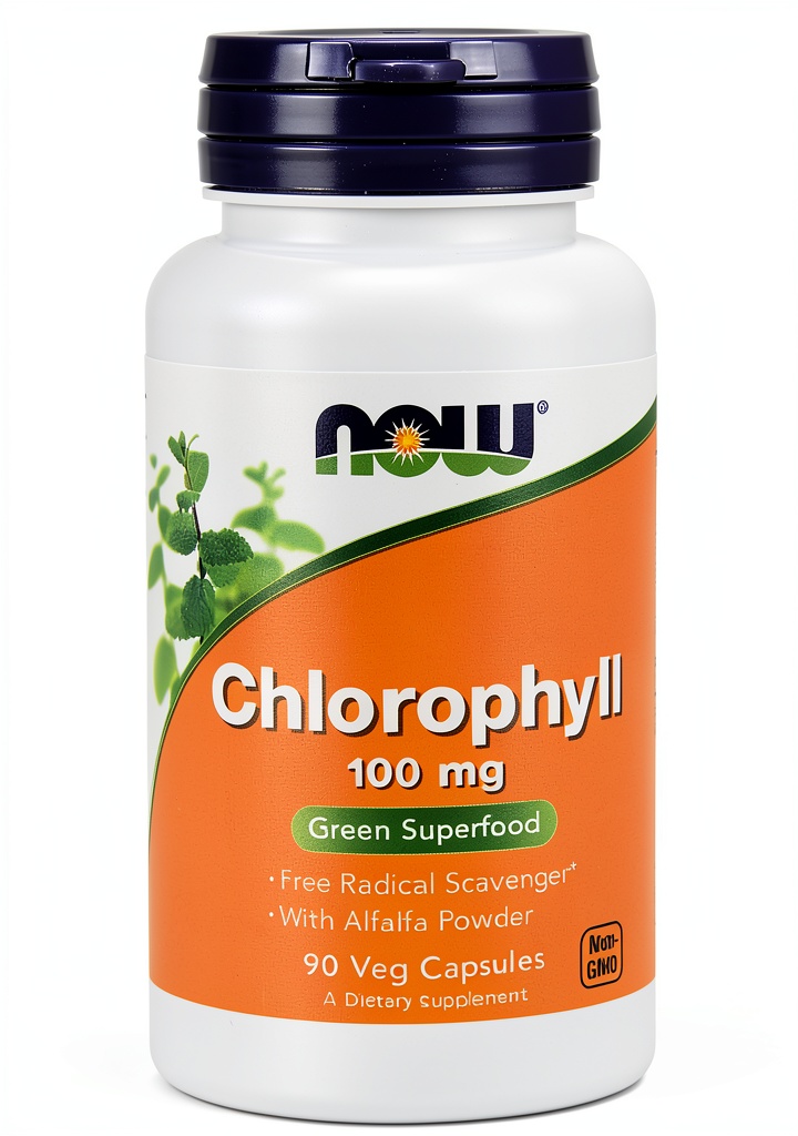 Chlorophyll capsules bottle display with natural green background