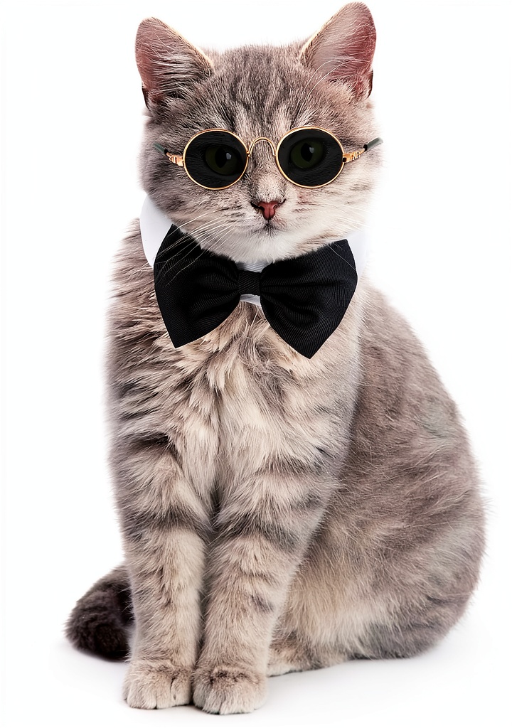 Pet wearing bow tie and sunglasses at a garden party