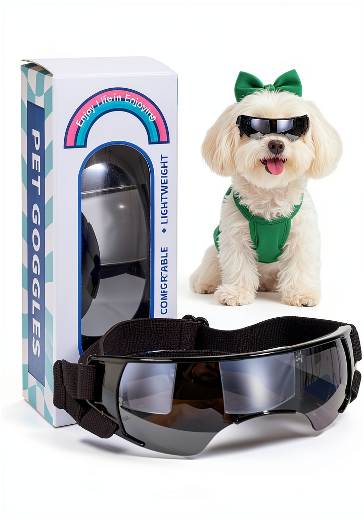 Small dog wearing NVTED UV sunglasses on a car window